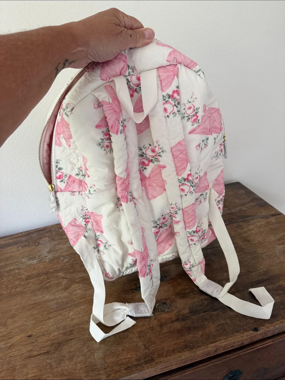 NWT LoveShackFancy Quilted Floral Cream and Pink Backpack with Bow Accent